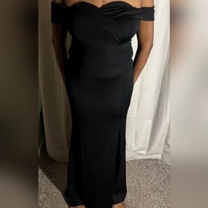 Formal black off the shoulder long dress with slit
